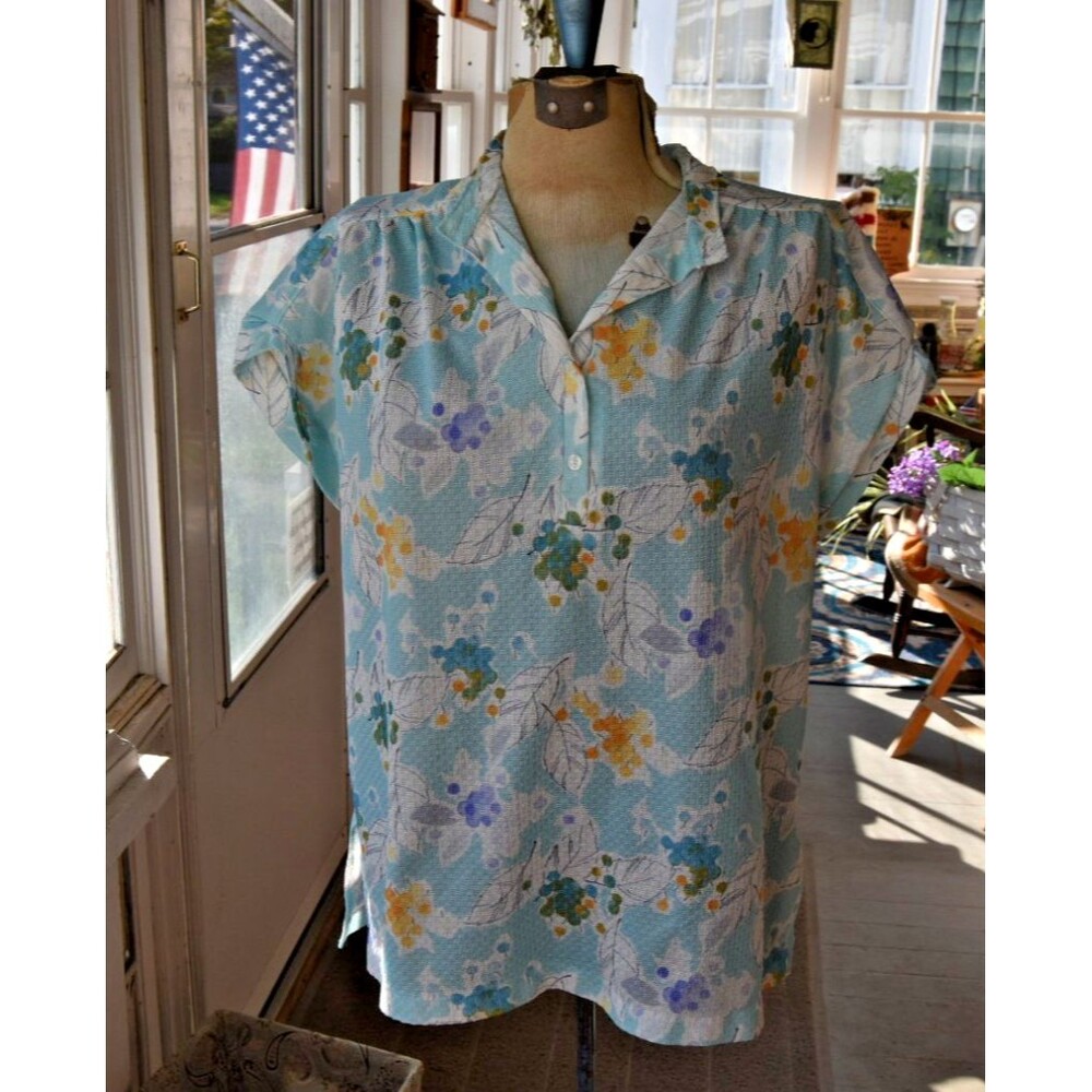 Vintage 1980s Devon Blue Pastel Abstract Floral Capped Sleeve Blouse Size XL